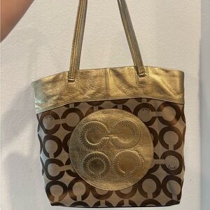 Coach Julia Op Art Metallic Gold and Brown Tote Bag -